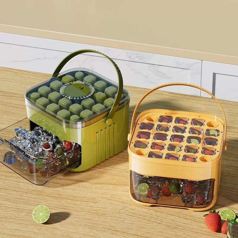 Bac à glaçons compact à double compartiment avec couvercle et bac, tiroir à glaçons coulissant avec poignée de transport, accessoires de cuisine, gadgets assez pratique.