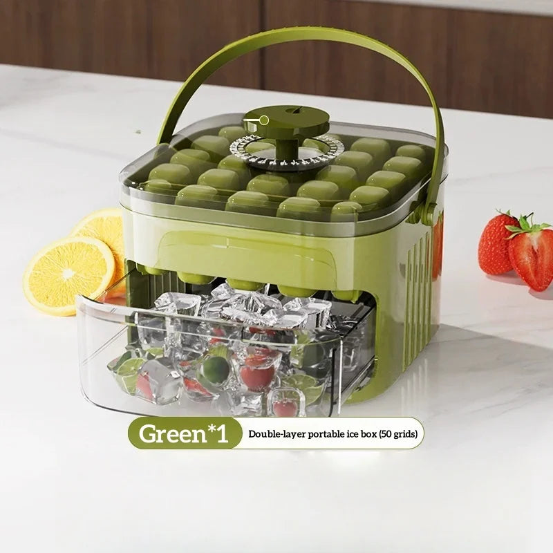 Bac à glaçons compact à double compartiment avec couvercle et bac, tiroir à glaçons coulissant avec poignée de transport, accessoires de cuisine, gadgets assez pratique.
